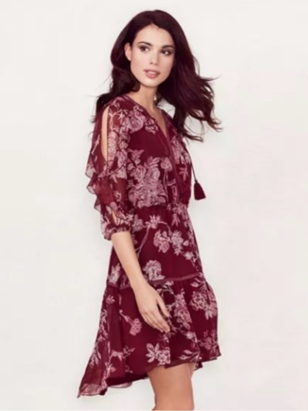 LC Lauren Conrad Burgundy Floral V-Neck Dress Size L